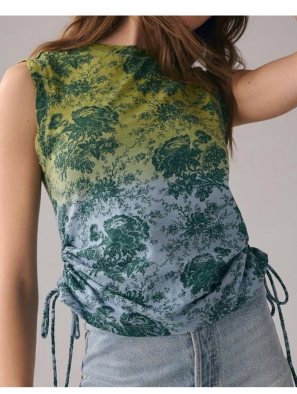 Pilcro Green and Blue Floral Tie-Ruched Tank